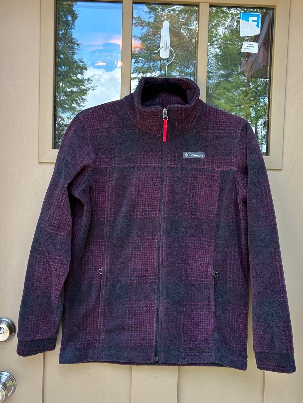 Columbia Full Zip Fleece Jacket Burgundy Plaid Girls Large (14/16)